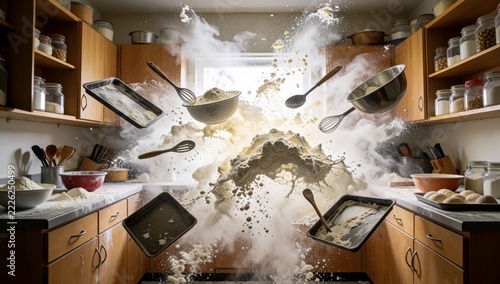 Kitchen wooden cabinets countertop there various utensils ingredients scattered center large pile flour thrown