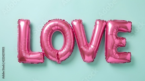 Shiny pink foil balloons spelling the word love on a light teal background
