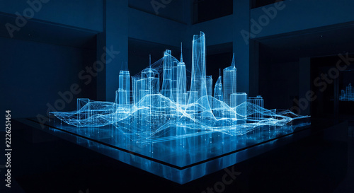  Holographic city model illustration with glowing blue wireframe skyscrapers on dark table
