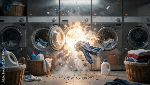 Laundry room several washing machines stacked top each other there baskets floor front filled clothes detergen