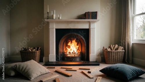 Fireplace room large window right side has white mantel fire burning inside left there wicker baskets filled f