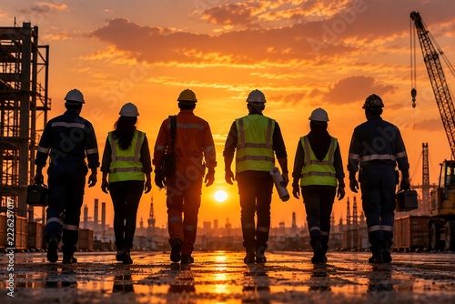 Silhouette of a diverse team of construction workers walking together at a building site during sunset.