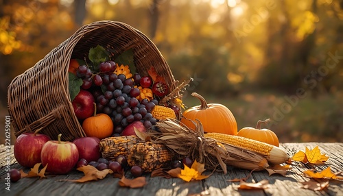 Autumn harvest celebration features apples grapes corn pumpkin on