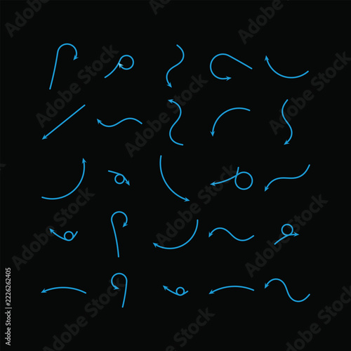 Set of diverse blue curved arrows for web navigation and infographic design elements