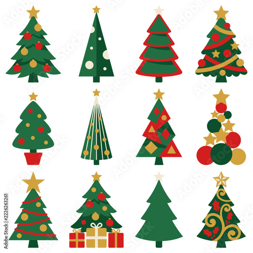 Colorful Christmas Trees with Holiday Decorations Set.