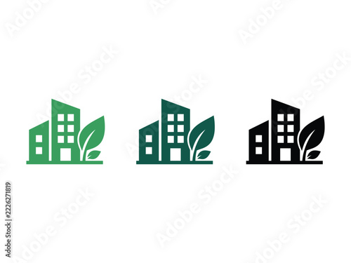 Green building eco friendly architecture icons set with leaves and skyscrapers.
