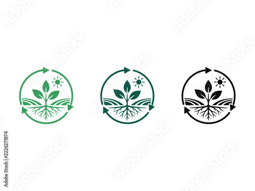 Sustainable Agriculture and Ecology Icons Set Featuring Plant Growth and Circular Arrows.