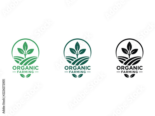 Organic farming logo set with green leaves and agricultural field icons.
