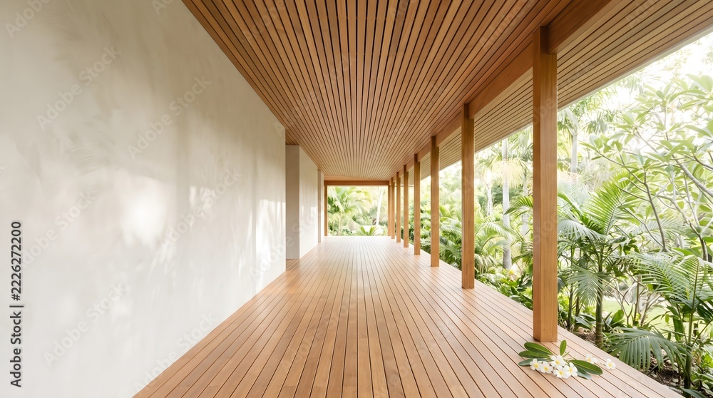 Fototapeta premium Wooden veranda walkway in tropical villa. Slats ceiling above columns facing lush garden. Serene modern architecture with white wall