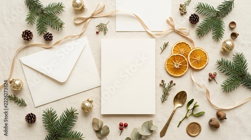 Christmas blank card mockup with envelope and pine branch flat lay