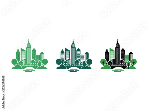 Eco friendly green city skyline icons with skyscrapers and trees.