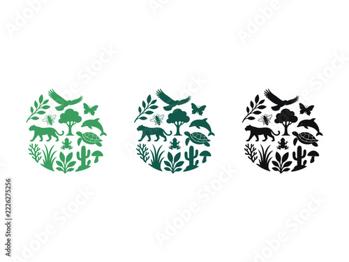 Biodiversity and Wildlife Conservation Icons Set Featuring Animals and Plants in Circular Arrangement.