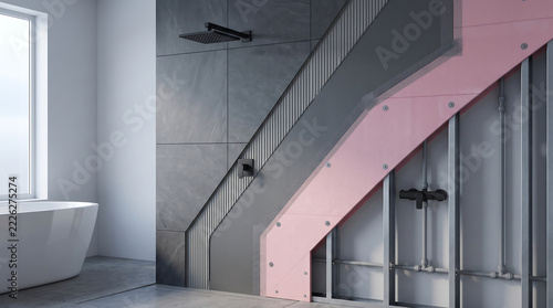 Bathroom wall construction cross section showing metal stud frame plumbing pipes pink waterproof backer board reinforcement mesh and grey stone tiles with black shower head and freestanding bathtub