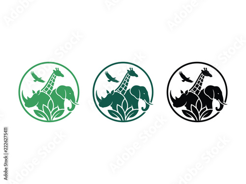 African Safari Wildlife Logo Set Featuring Elephant Giraffe Rhino and Bird Silhouettes.