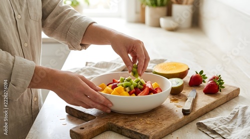 Healthy breakfast preparation with fresh fruit bowl and strawberries