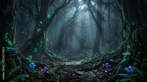 Enchanted forest with glowing mushrooms and mystical trees under a soft moonlight canopy.