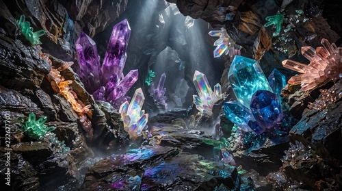 Crystals glowing inside a dark subterranean cave illuminated by ethereal shafts of natural light.