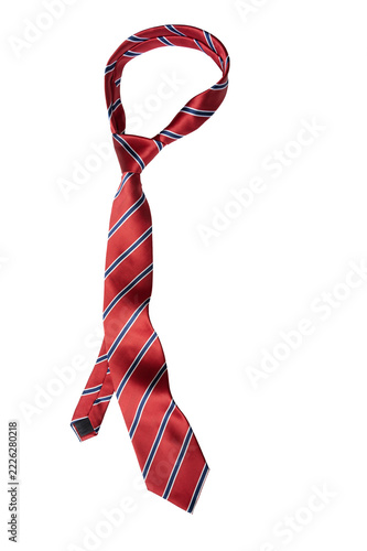 Tied Red Striped Necktie Flat Lay on Transparent Background.