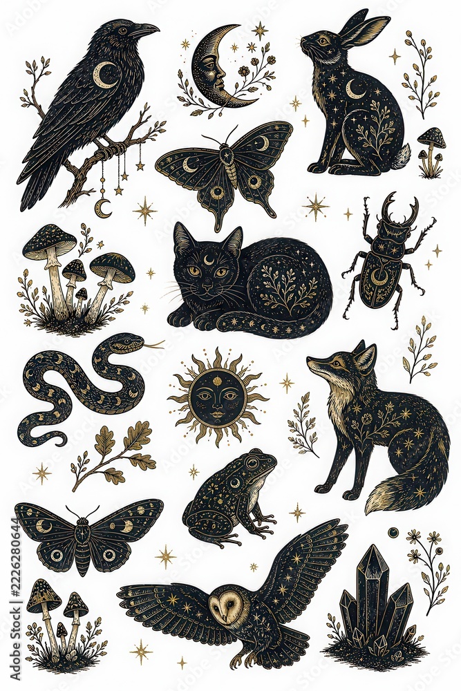 Naklejka premium Mystical woodland animal illustration with moon, stars, and flora