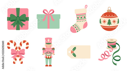 Scandinavian Christmas Gift Wrapping Clipart Bundle with Candy Pink Presents Ribbons Ornaments and Festive Decorations