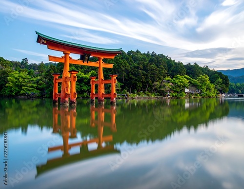 Serene Japanese Torii Gate Standing Beside a Tranquil Lake on a Soft Blue Background