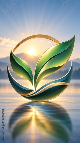 A stylized green leaf emblem rises above calm reflective water at sunrise, combining elegant botanical curves, golden light, and a peaceful natural atmosphere in a modern symbol.