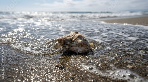 Seashell resting on sandy beach with gentle waves and sparkling water.