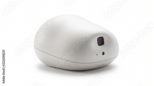 Futuristic white smart home camera, organic egg shaped security monitor device, minimalist tech gadget studio shot on white background