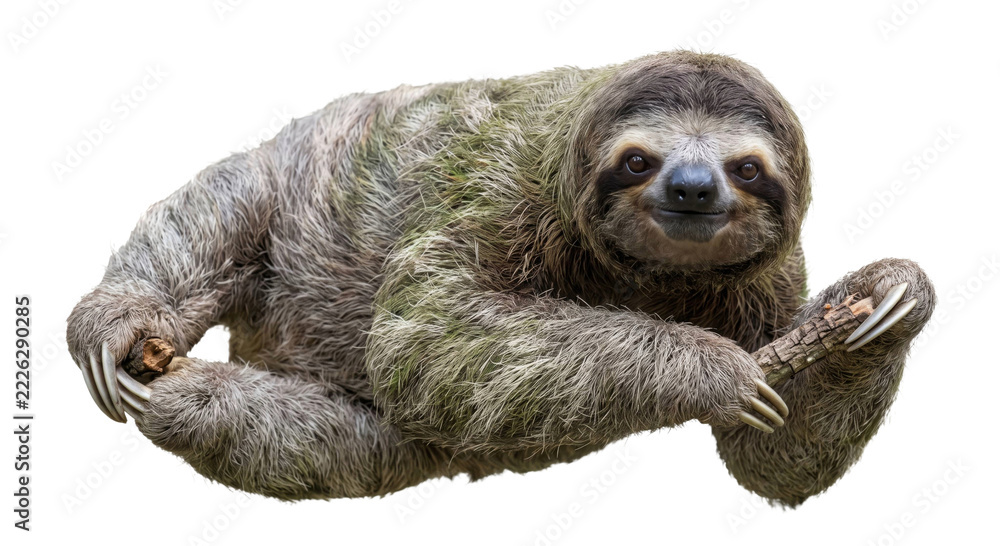 Naklejka premium A close view of a shaggy sloth gripping a branch with long curved claws against a dark background