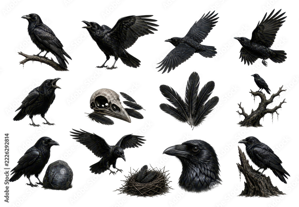 Naklejka premium PNG Black raven illustration set with feathers, nest, skull