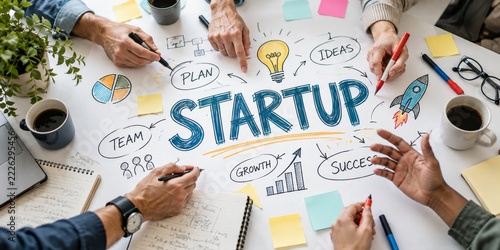 Hands Gesturing around Startup Lettering with Markers Glasses and Coffee