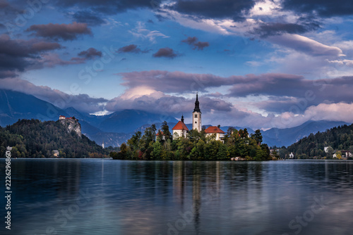 Lake Bled Island Church and Castle at Colorful Twilight, Slovenia