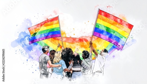 Diverse group holding rainbow flags together.