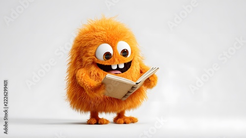 Adorable orange fluffy creature with big eyes reading a book on plain background