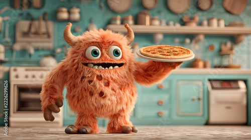 Cute furry monster character holding a pizza in cozy kitchen setting