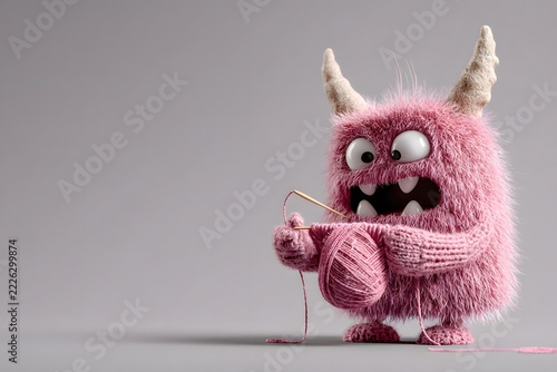 Cute Pink Monster Toy with Horns Knotting String on Gray Background