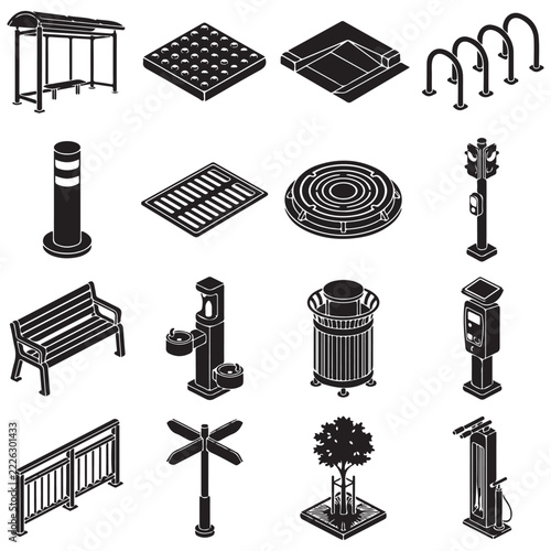 Isometric Black and White Urban Street Elements Vector Icon Set