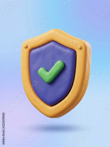 Colorful shield with green check mark floating on pastel blue background. Cybersecurity and data protection concept. Verified security, compliance and trust. 3D illustration with copy space.