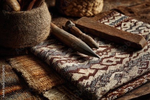 Artisan workspace featuring intricate fabric designs, spools of thread and traditional weaving implements