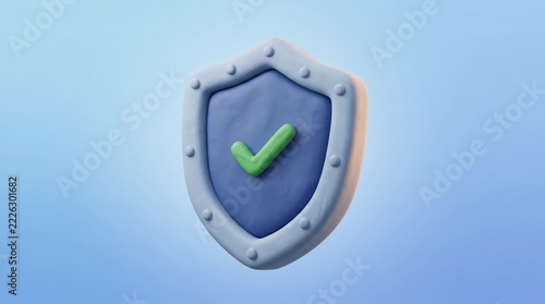 Three dimensional shield with green check mark on blue background. Cybersecurity and data protection concept. Safety, verification and trust symbol. Digital security illustration with copy