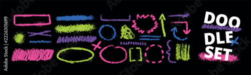 Rough neon chalk scribble strokes and frames. Set of grungy doodles for notebook. Doodle with highlight brush stroke and circle mark.