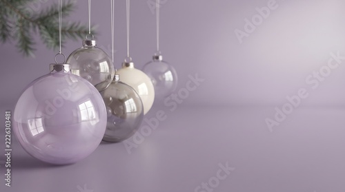 Lavender Silver Christmas Baubles Arranged Beneath Frosted Pine Branches On Soft Mauve Background