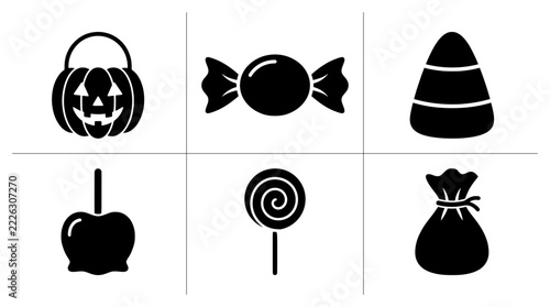 Halloween candy silhouettes set with pumpkin bucket, candy corn, lollipop and more for treats