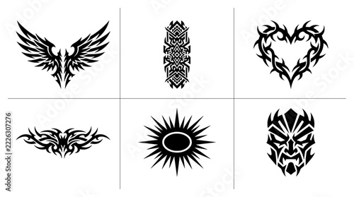 Tribal tattoo designs set with wings, heart, tribal mask and sun symbol art for body art and sticker