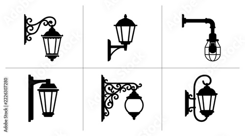 Outdoor lamp silhouettes set with wall-mounted fixtures for signage and architecture