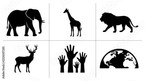 Wild animal and human hands set with globe silhouettes for conservation and community