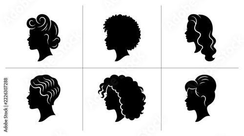 Woman hairstyles silhouettes set with vintage, curly and updos, beauty salon and fashion icons