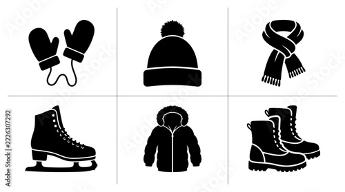 Winter clothing and footwear set with hat, scarf, mittens, coat, ice skates and boots
