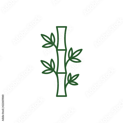 Green bamboo stalk with leaves line icon.