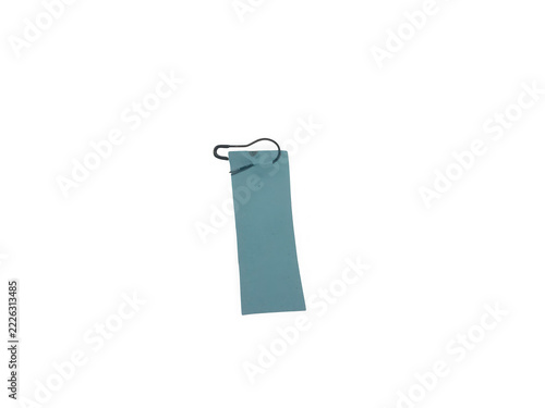 Light blue rectangular tag with black string